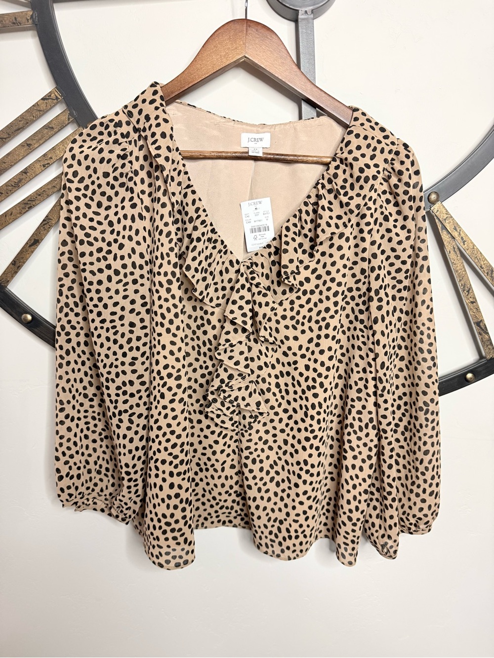 J. Crew Beige Blouse with Black Spot Ruffle V-Neck
